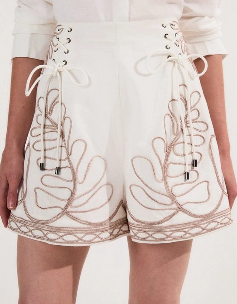 Cotton Linen Cornelli Embroidered Woven High Waisted Short