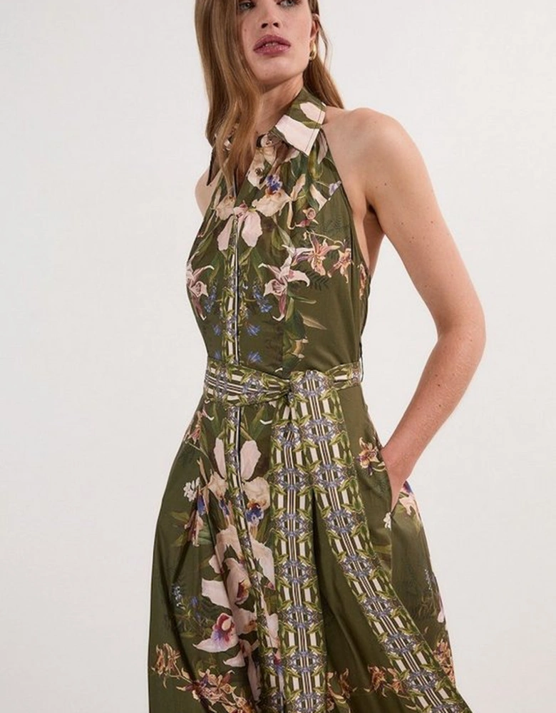 Cotton Sateen Floral Woven Halter Neck Waist Maxi Dress