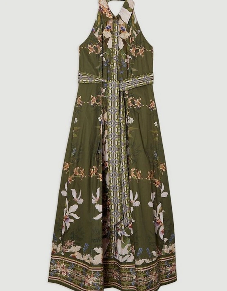 Cotton Sateen Floral Woven Halter Neck Waist Maxi Dress