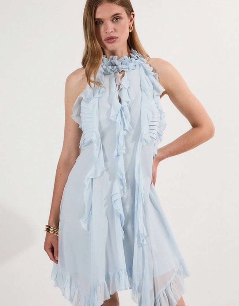 Viscose Georgette Ruffle Halter Neck Woven Top Mini Dress