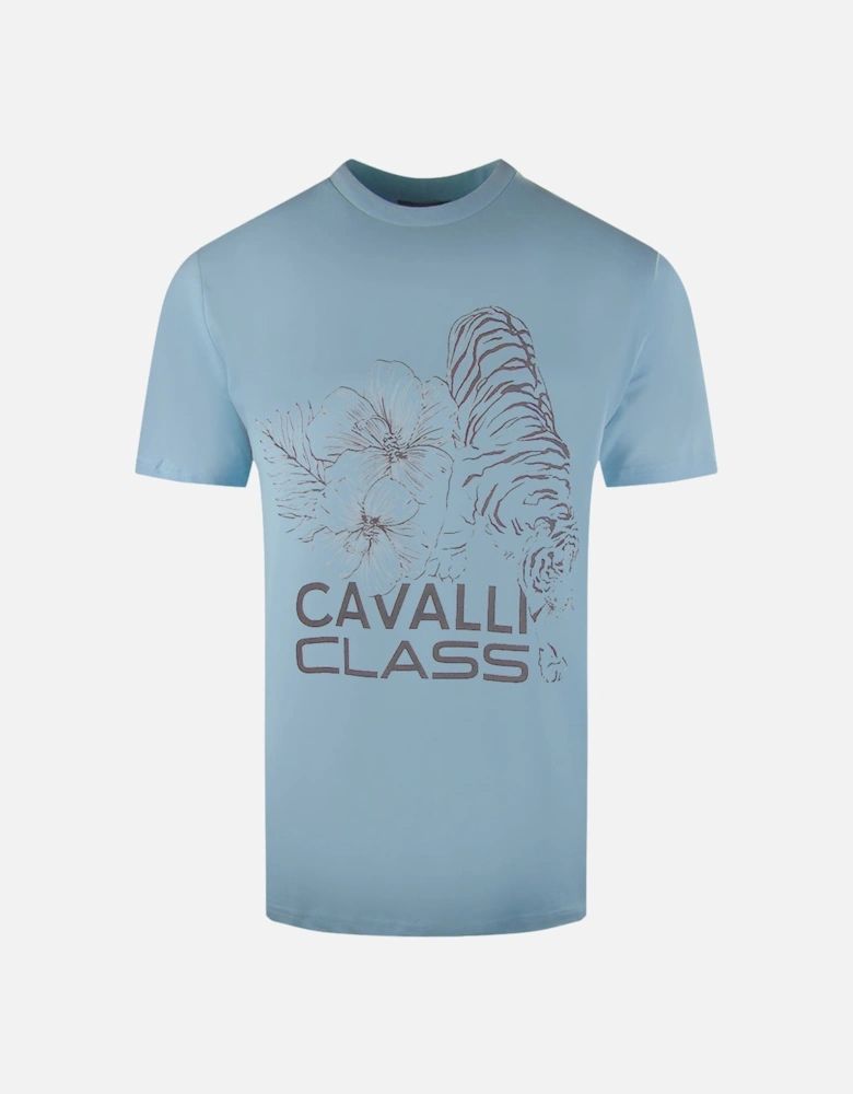 Cavalli Class Floral Tiger Design Light Blue T-Shirt