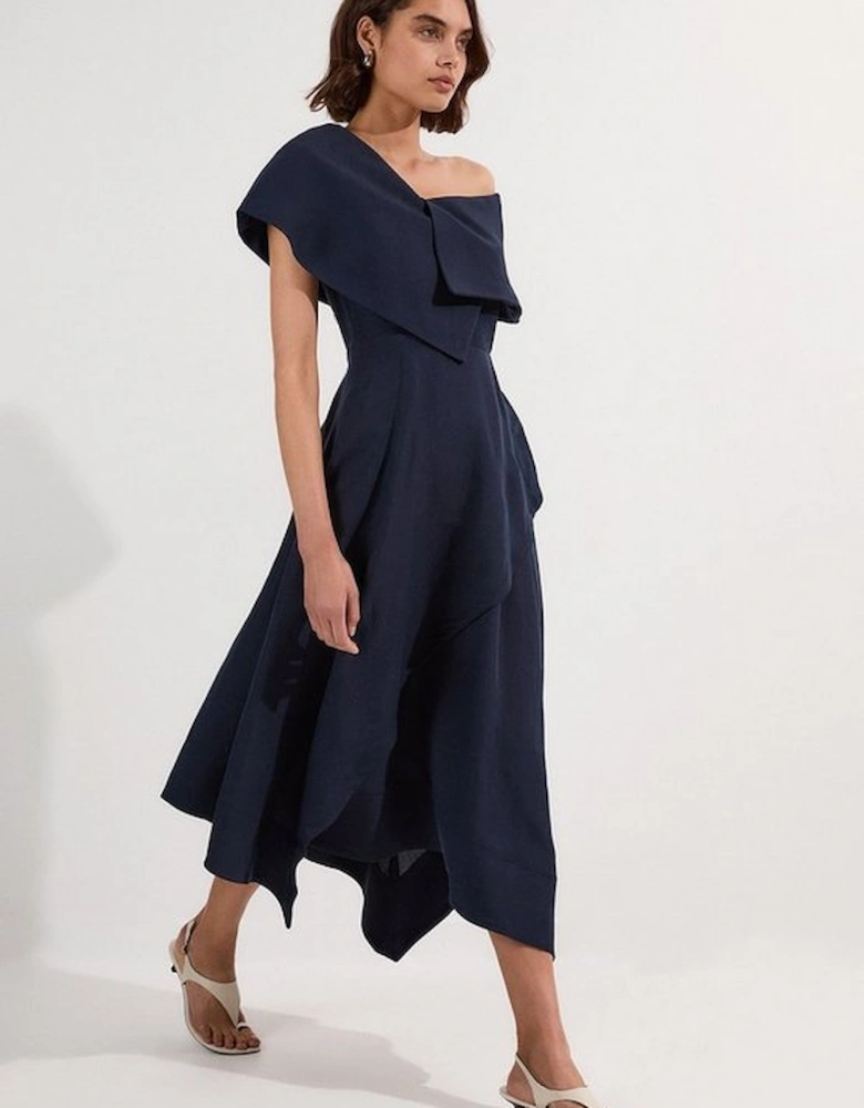 Premium Tailored Linen Asymmetric Shoulder Full Midi Dress