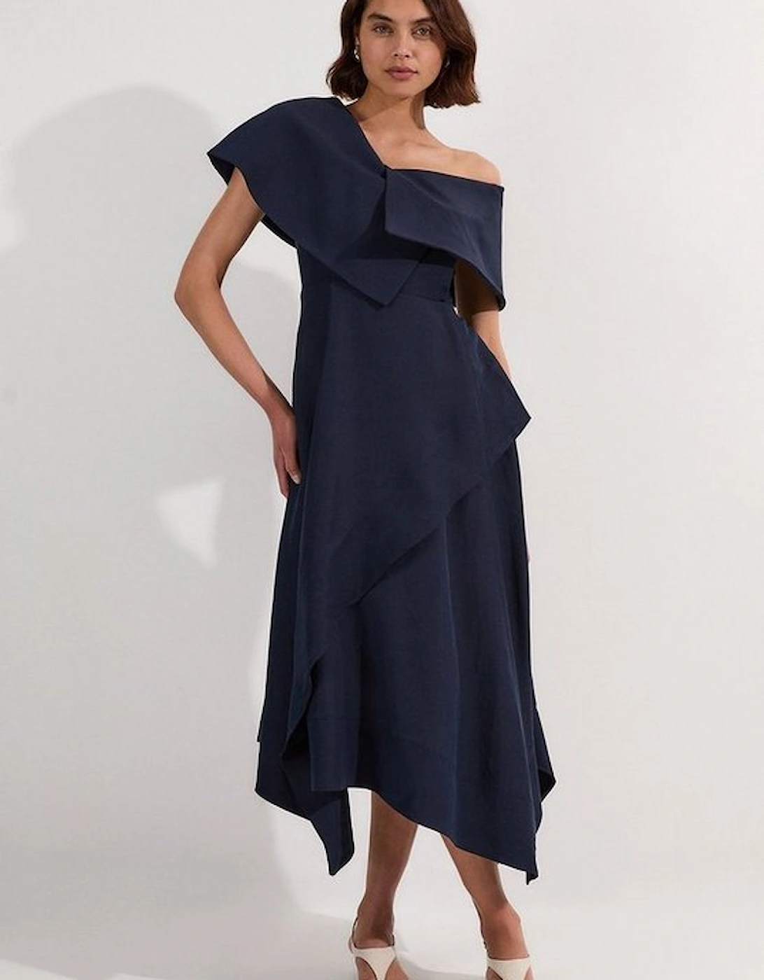 Premium Tailored Linen Asymmetric Shoulder Full Midi Dress, 2 of 1