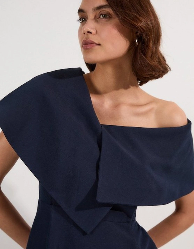 Premium Tailored Linen Asymmetric Shoulder Full Midi Dress