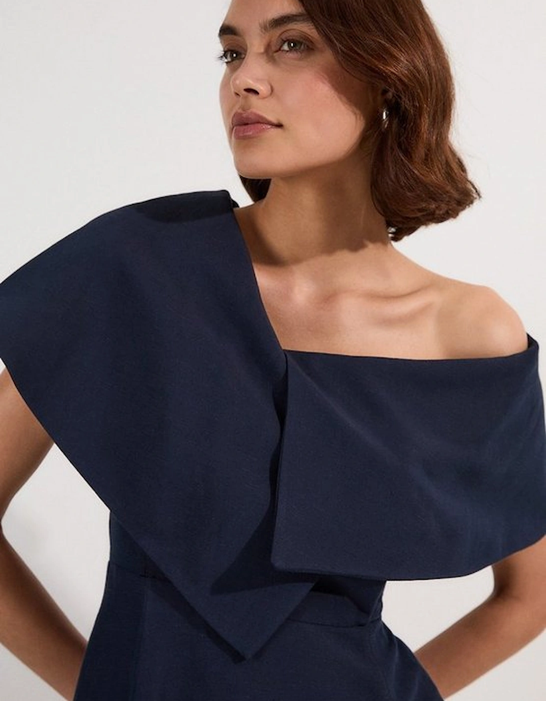 Premium Tailored Linen Asymmetric Shoulder Full Midi Dress
