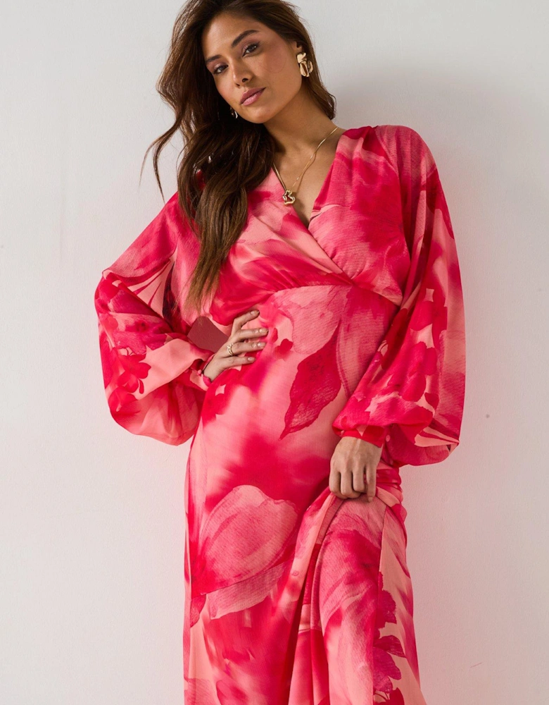 Theia Floral Batwing Sleeve Maxi Dress - Pink