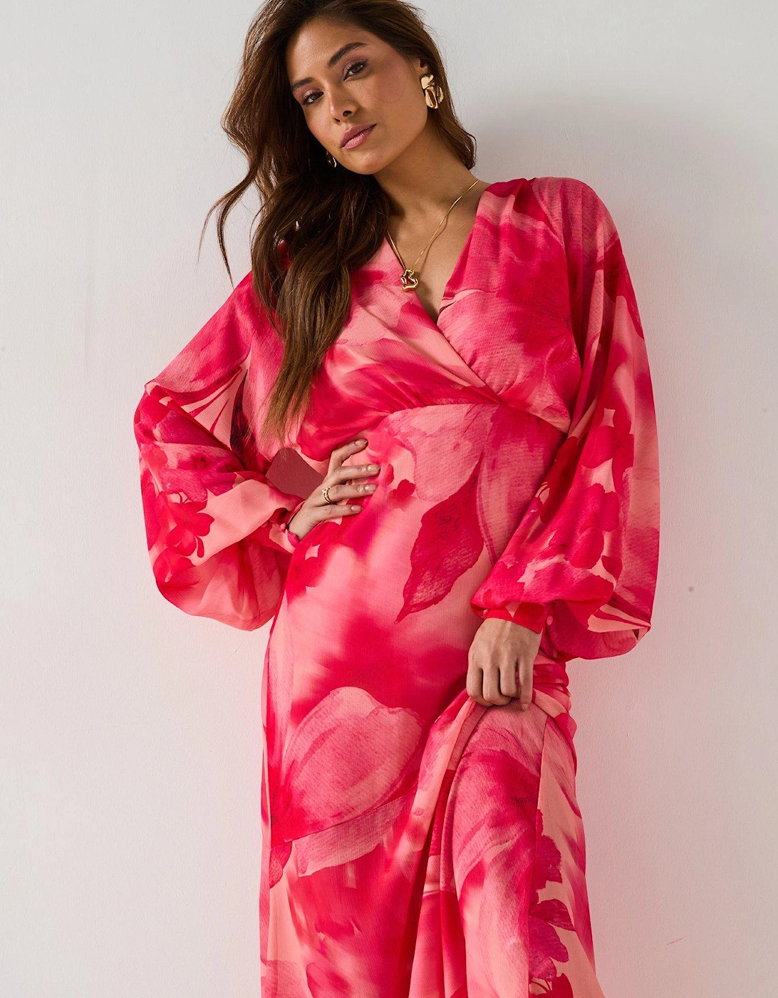 Theia Floral Batwing Sleeve Maxi Dress - Pink