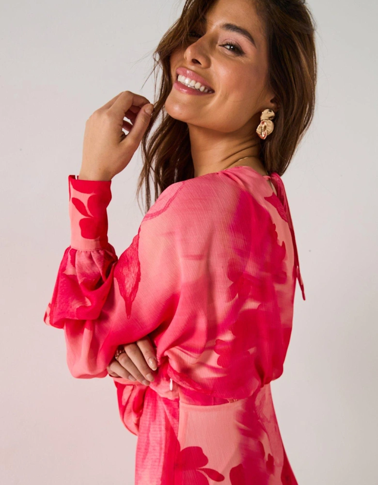 Theia Floral Batwing Sleeve Maxi Dress - Pink