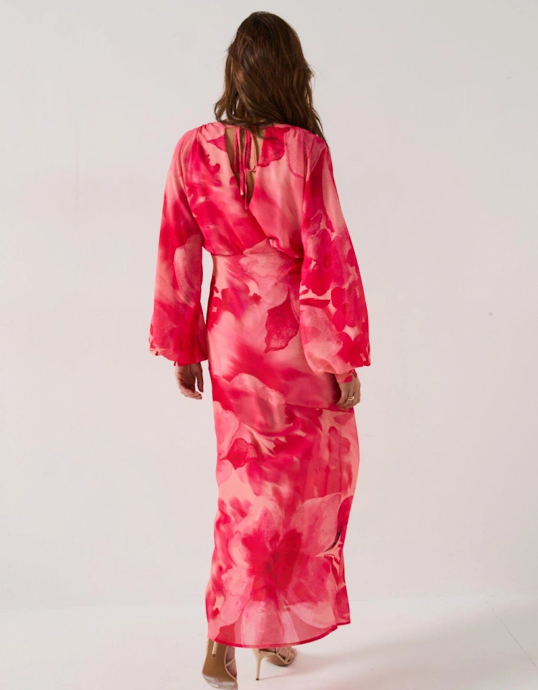 Theia Floral Batwing Sleeve Maxi Dress - Pink