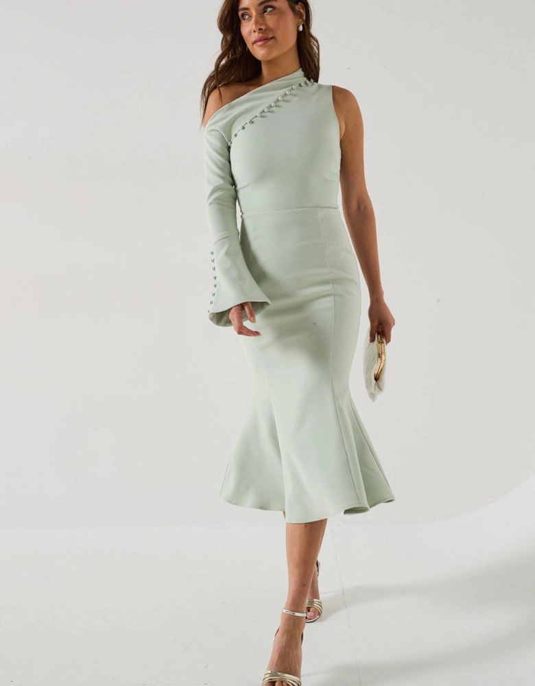 Asymmetric Sleeve Micro Button Long Midi Dress - Green