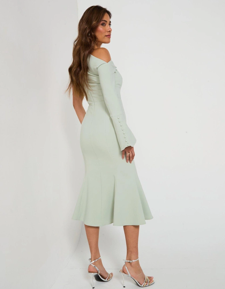 Asymmetric Sleeve Micro Button Long Midi Dress - Green