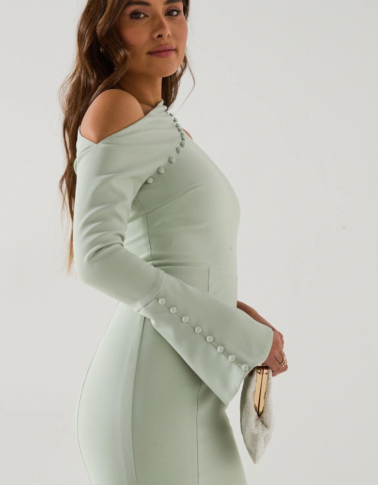 Asymmetric Sleeve Micro Button Long Midi Dress - Green
