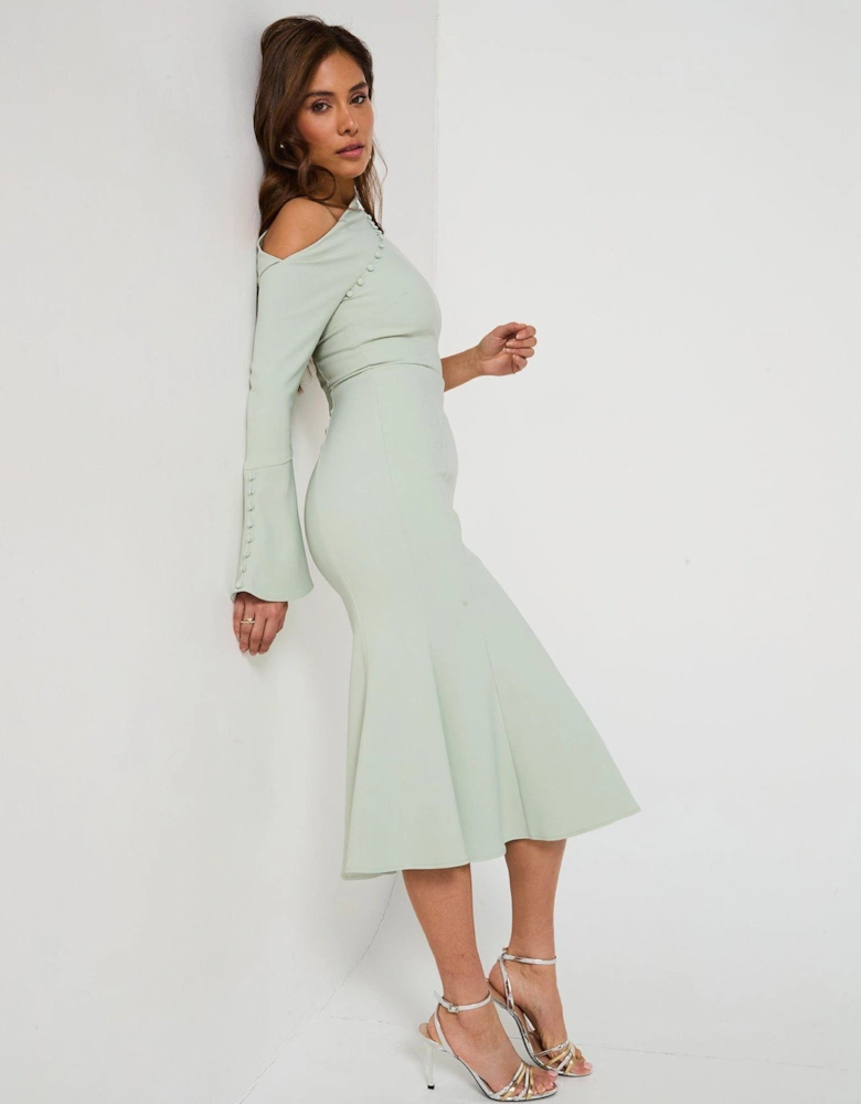 Asymmetric Sleeve Micro Button Long Midi Dress - Green