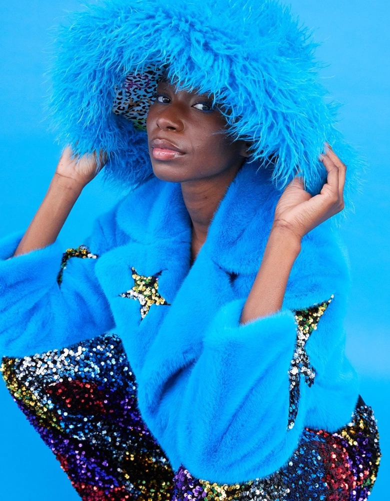 Blue Oversized Bamboo Faux Fur Hat