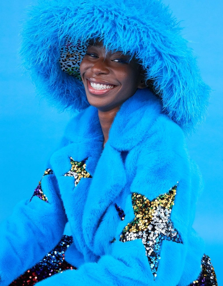 Blue Oversized Bamboo Faux Fur Hat