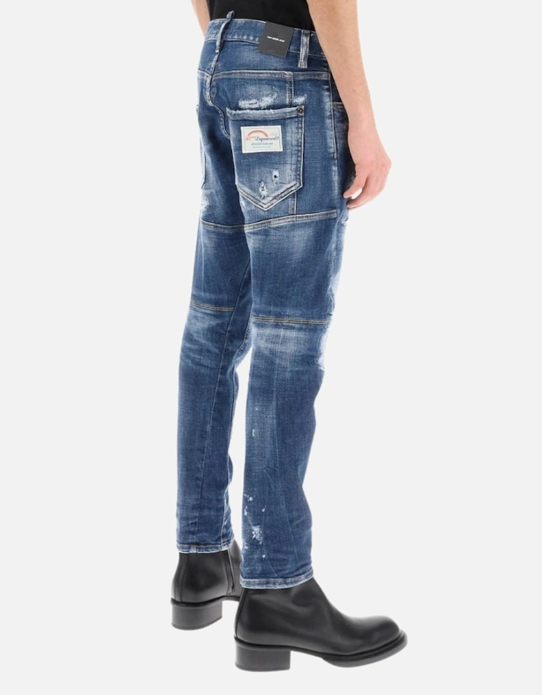 Tidy Biker Jean Paint Splash Reinforced Ripped Blue Jeans