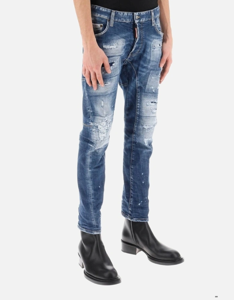 Tidy Biker Jean Paint Splash Reinforced Ripped Blue Jeans