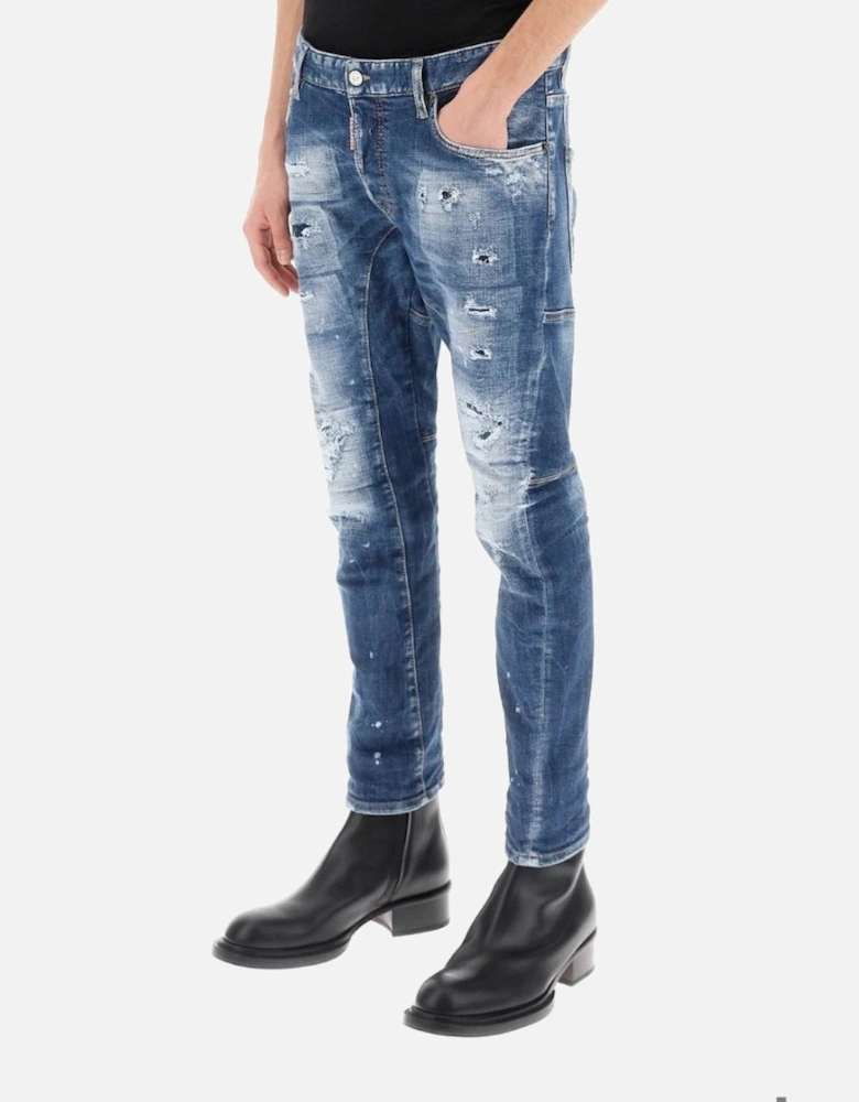 Tidy Biker Jean Paint Splash Reinforced Ripped Blue Jeans