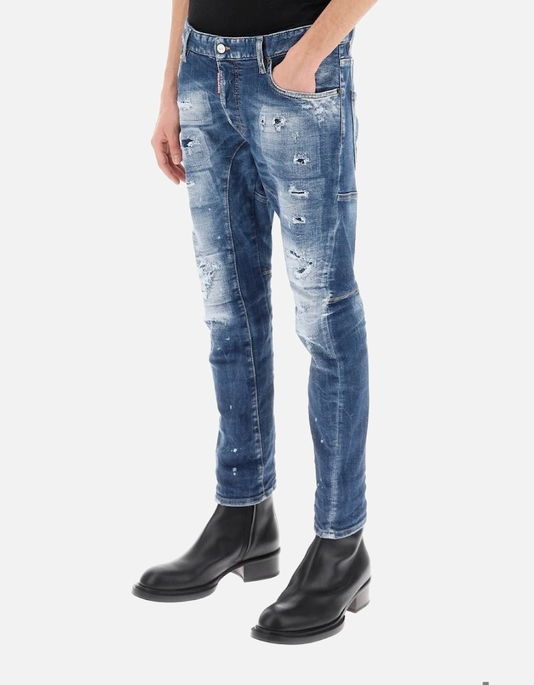 Tidy Biker Jean Paint Splash Reinforced Ripped Blue Jeans