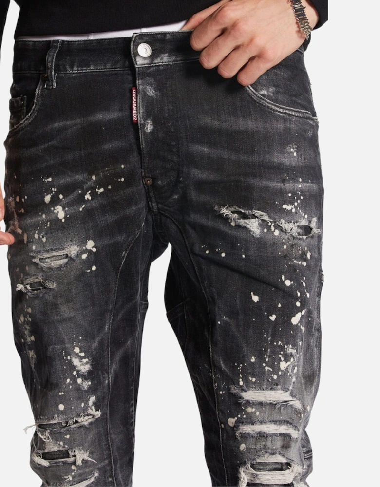 Tidy Biker Jean Paint Splash Reinforced Ripped Black Jeans