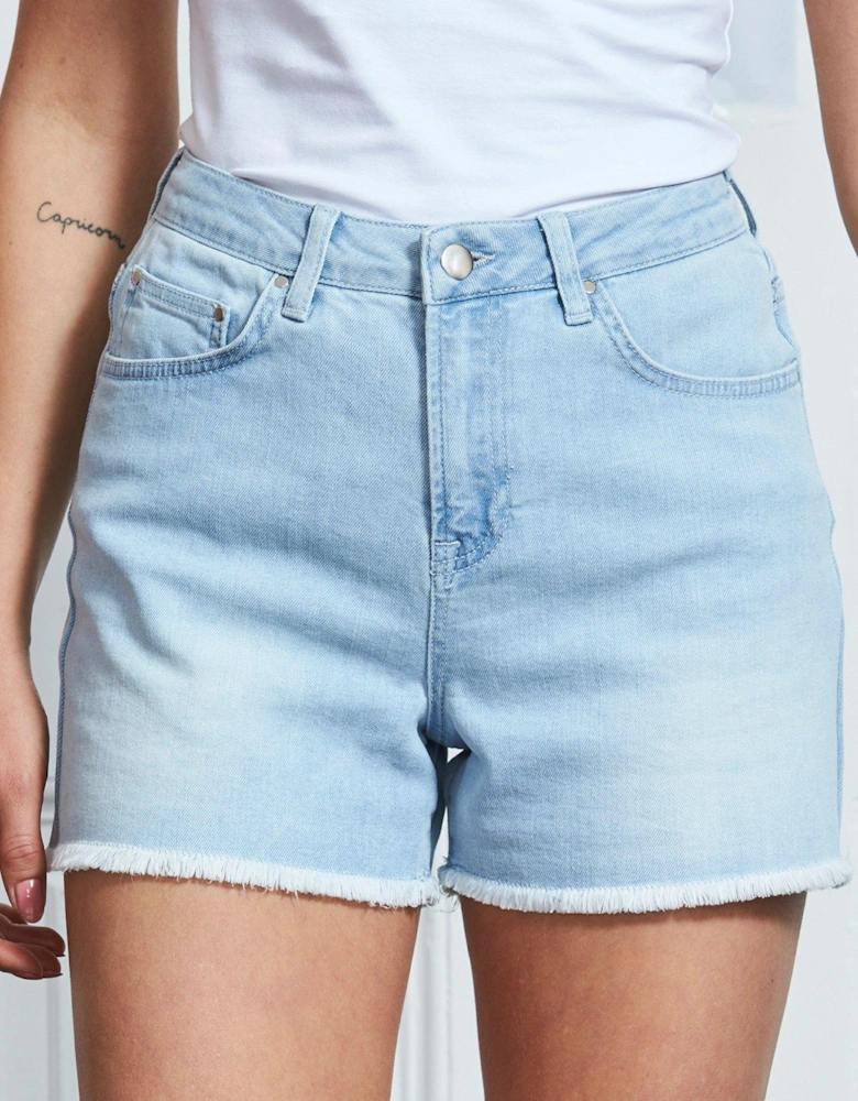 Light Wash Raw Edge Denim Shorts - Blue