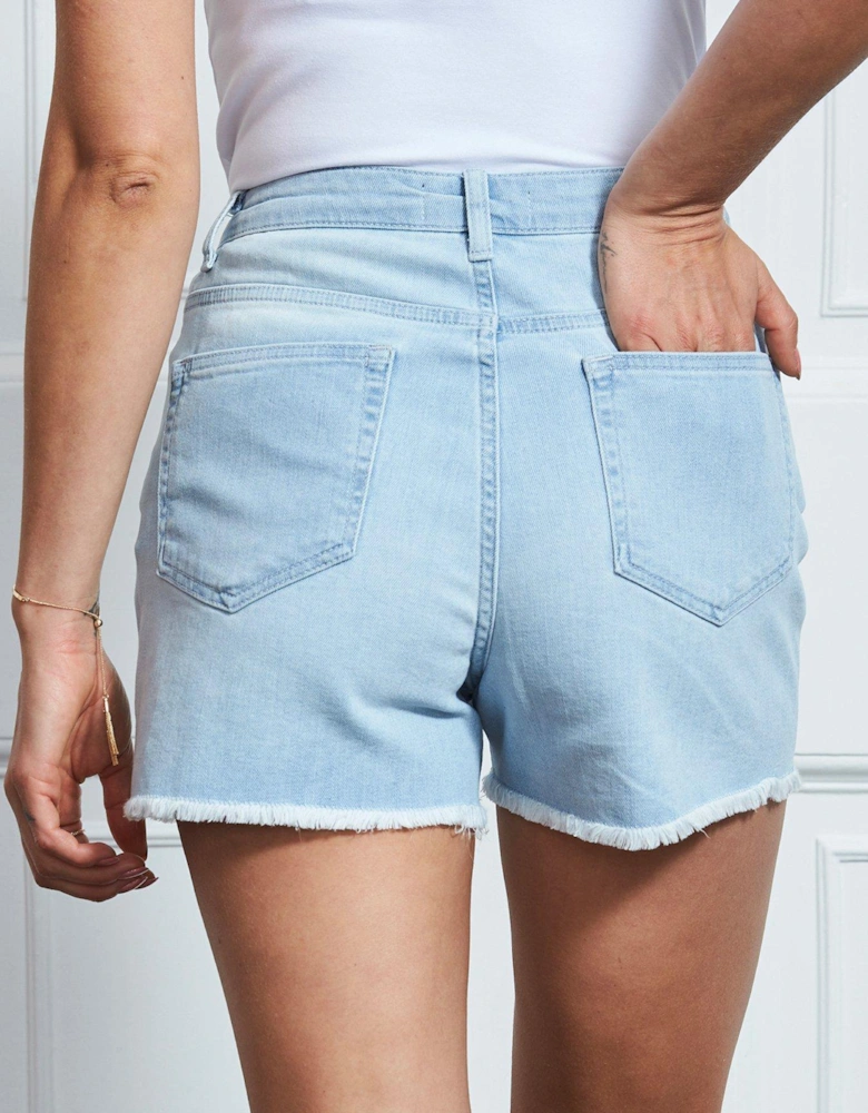 Light Wash Raw Edge Denim Shorts - Blue