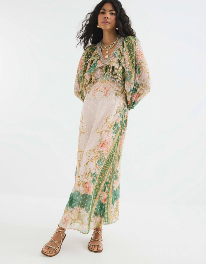 V Neck Ruffle Maxi Dress - Pink