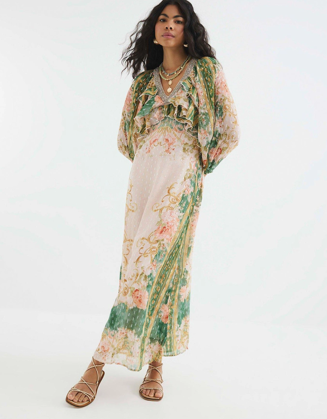 V Neck Ruffle Maxi Dress - Pink