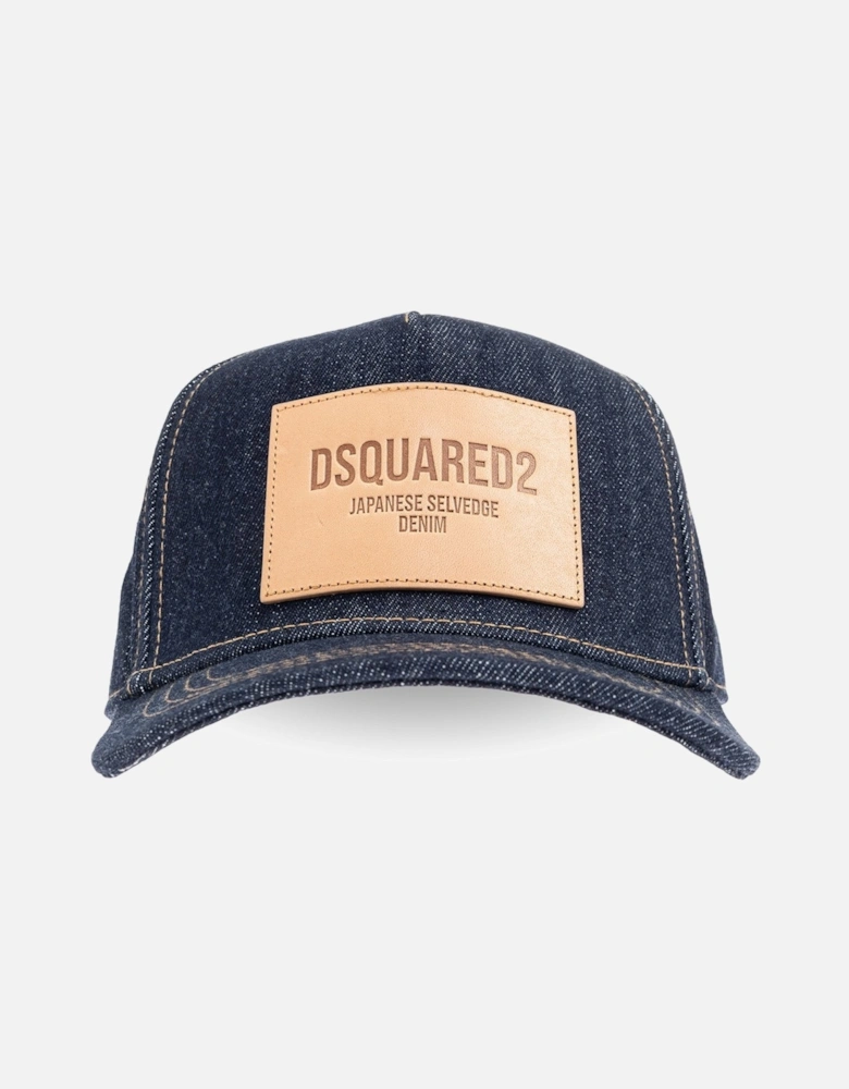 Leather Patch Denim Cap Blue