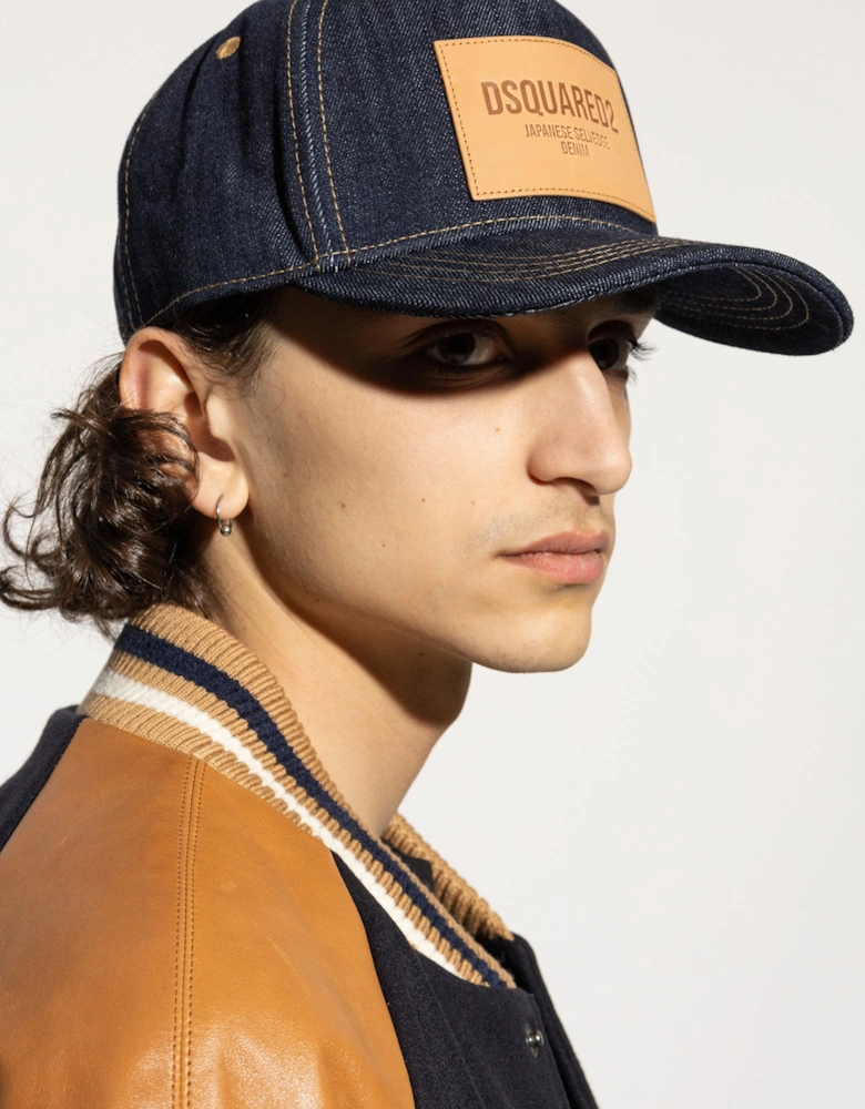 Leather Patch Denim Cap Blue
