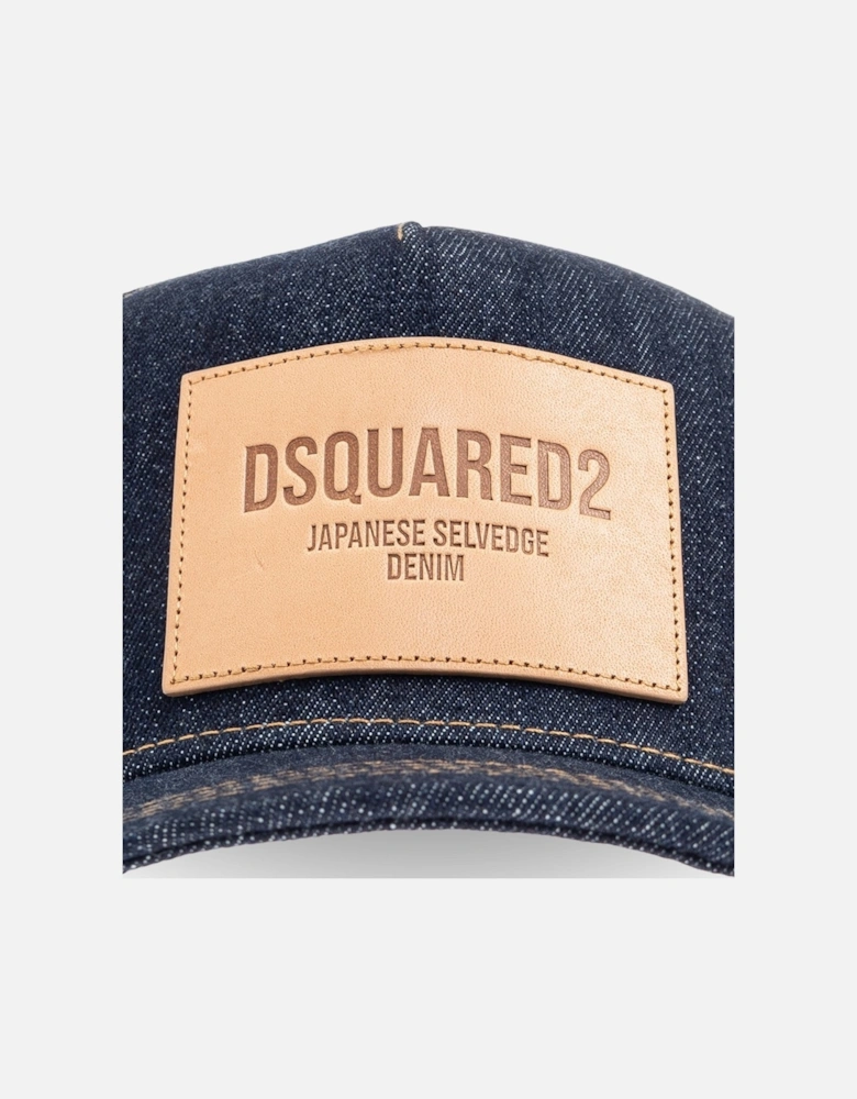 Leather Patch Denim Cap Blue