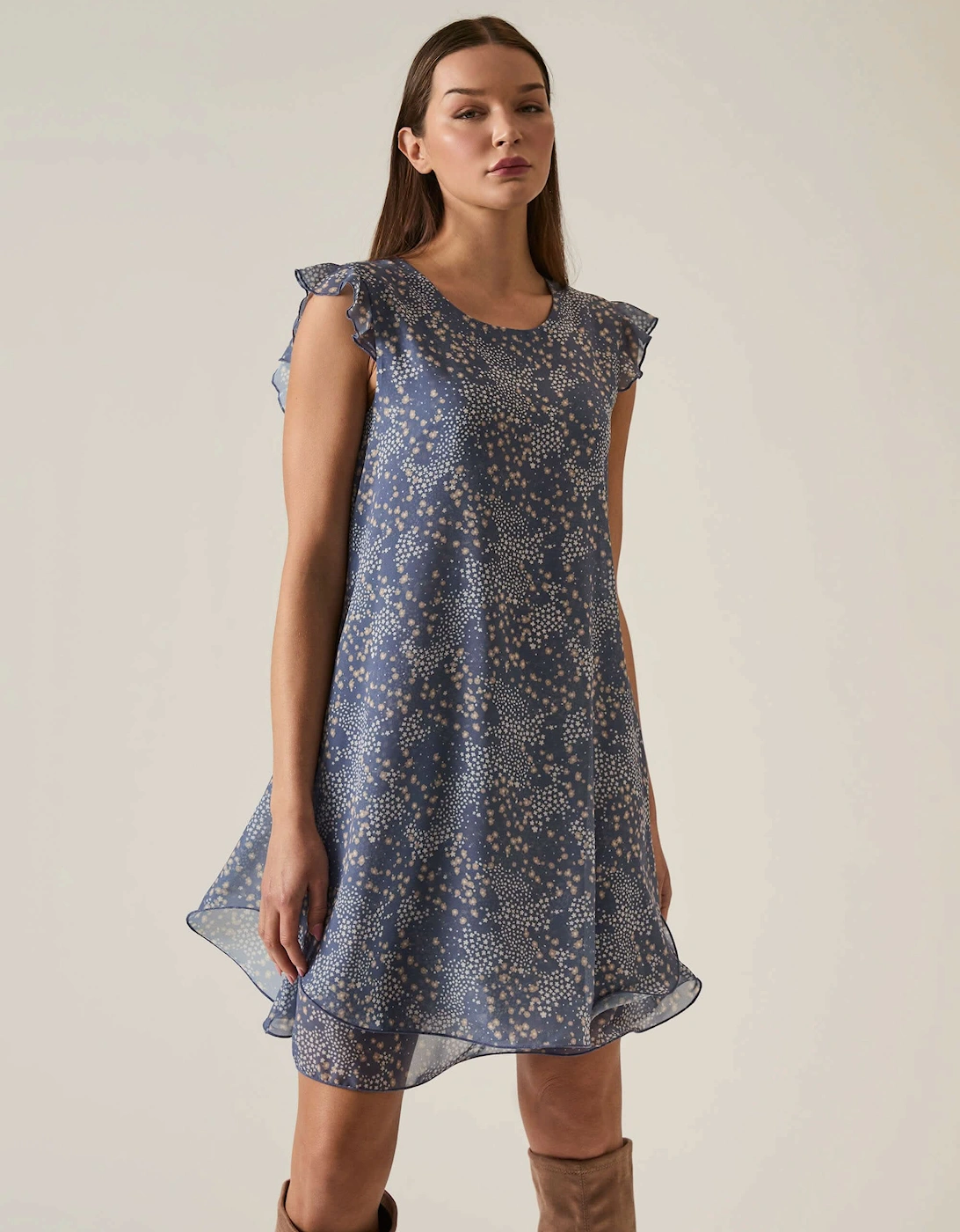 Dotted-Flower Mini Navy Dress