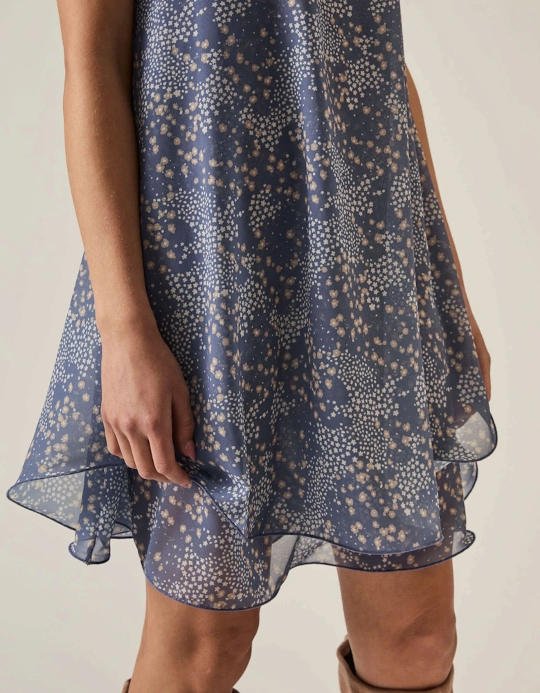 Dotted-Flower Mini Navy Dress