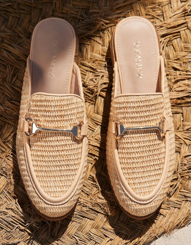 Natural Raffia Gold Trim Mule Loafers - Tan