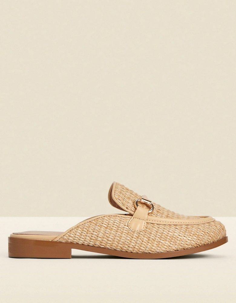 Natural Raffia Gold Trim Mule Loafers - Tan