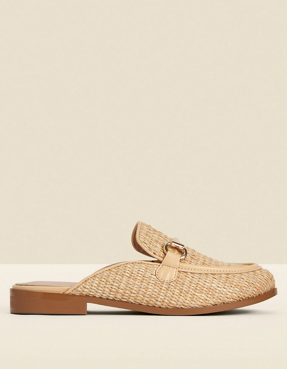Natural Raffia Gold Trim Mule Loafers - Tan