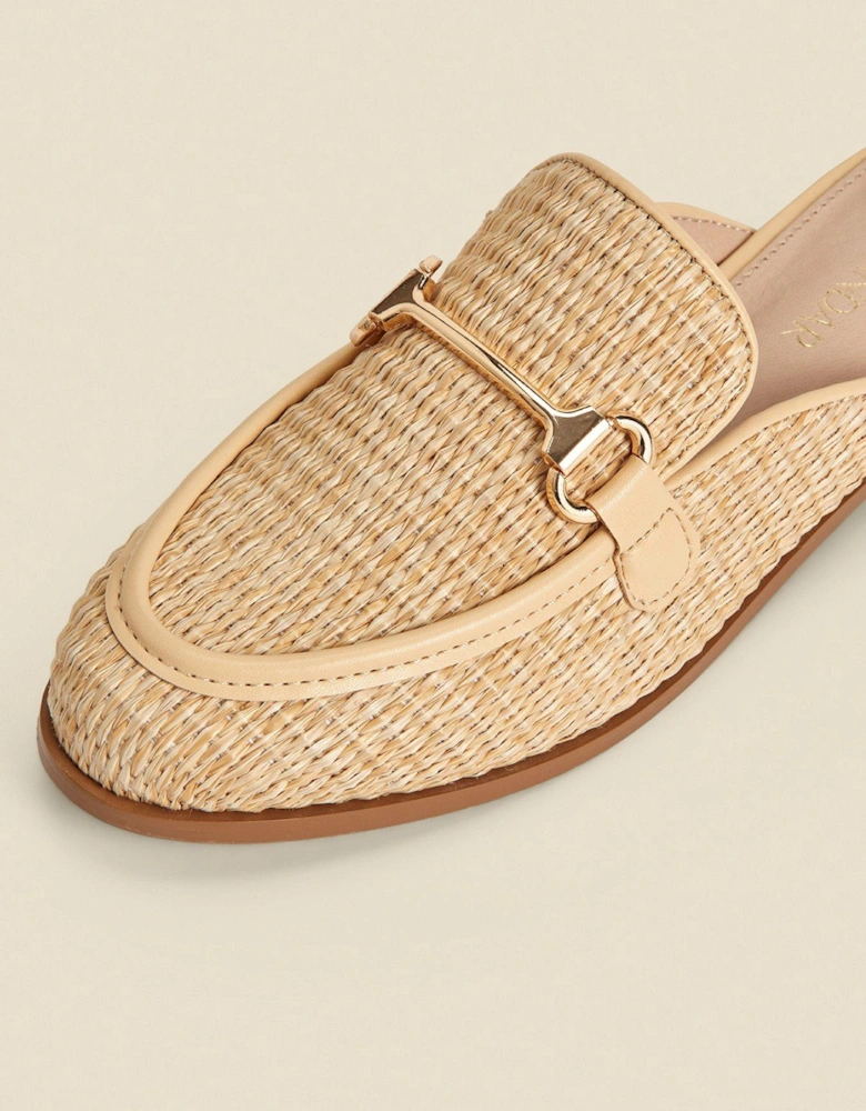 Natural Raffia Gold Trim Mule Loafers - Tan