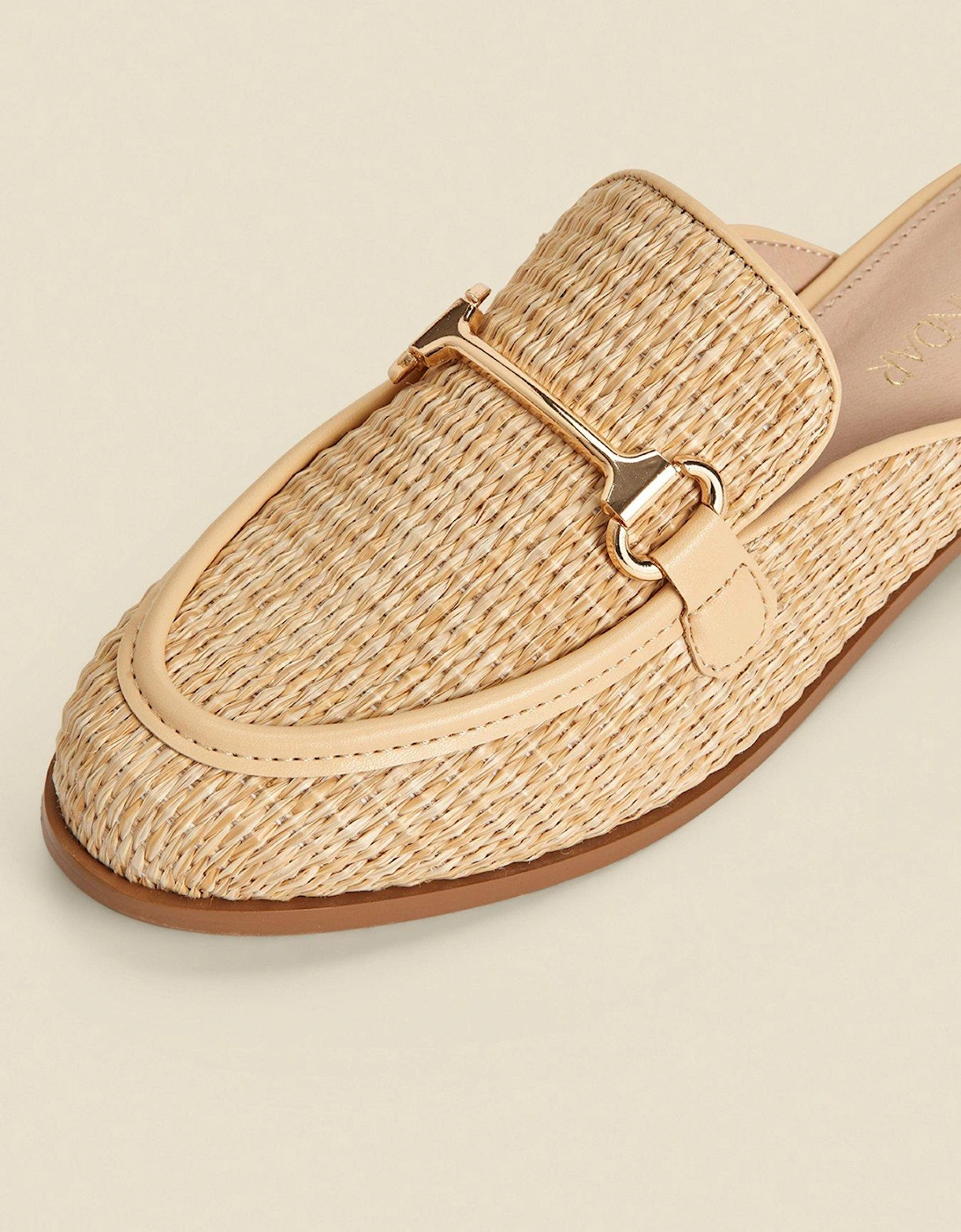 Natural Raffia Gold Trim Mule Loafers - Tan