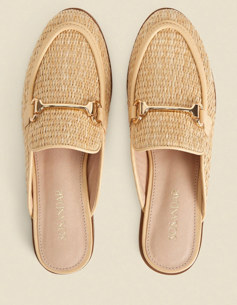 Natural Raffia Gold Trim Mule Loafers - Tan