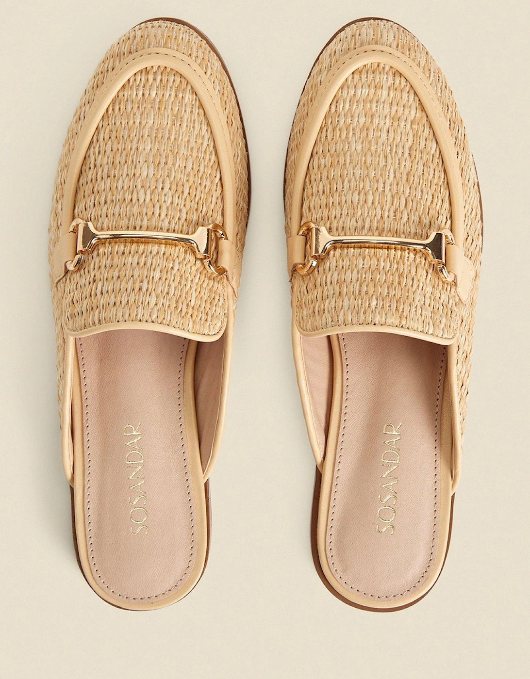 Natural Raffia Gold Trim Mule Loafers - Tan