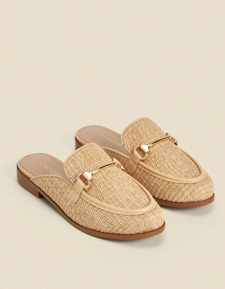 Natural Raffia Gold Trim Mule Loafers - Tan