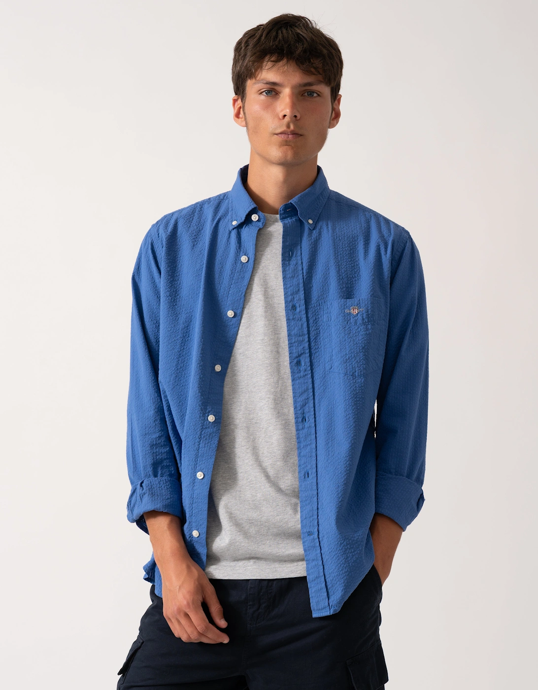 Mens Regular Fit Solid Seersucker Shirt, 2 of 1
