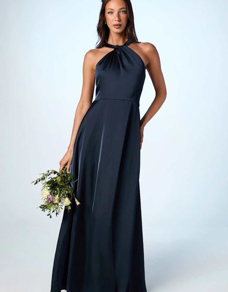 Honoured Twist Halterneck Satin Maxi Bridesmaid Dress