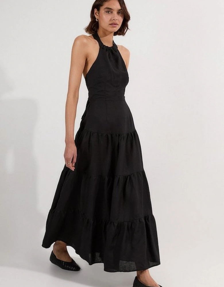 Viscose Linen Halter Tiered Woven Maxi Dress