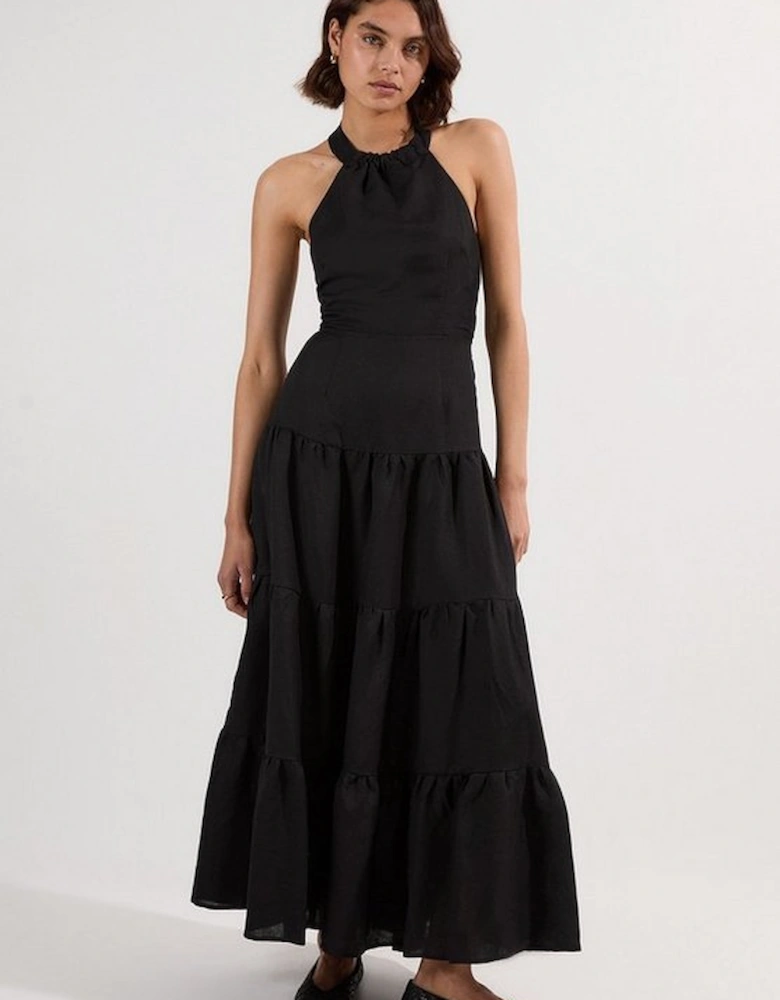 Viscose Linen Halter Tiered Woven Maxi Dress