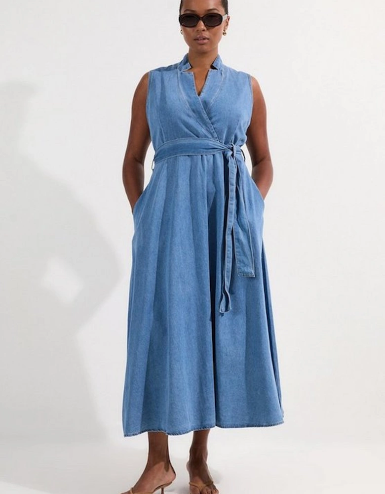 Plus Size Denim Tailored Notch Neck Belted Fluid Midi Dress