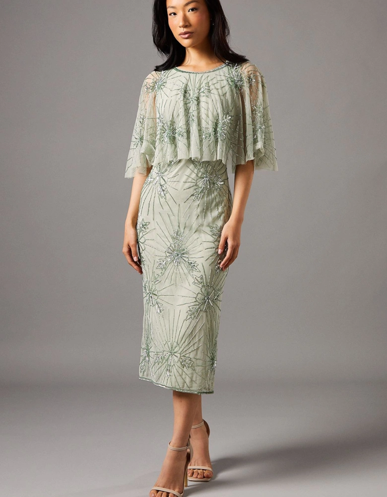 Floral Embellished Cape Midi Dress
