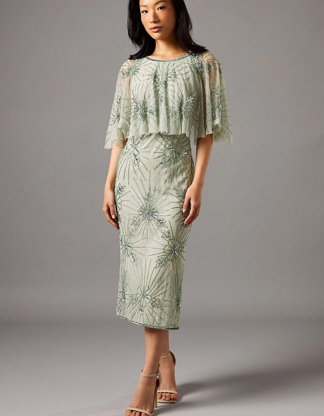 Floral Embellished Cape Midi Dress, 2 of 1