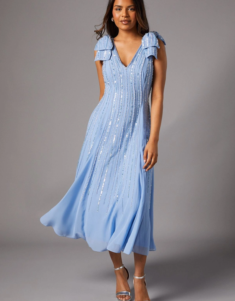 Petite Bow Shoulder Embellished Midi Dress