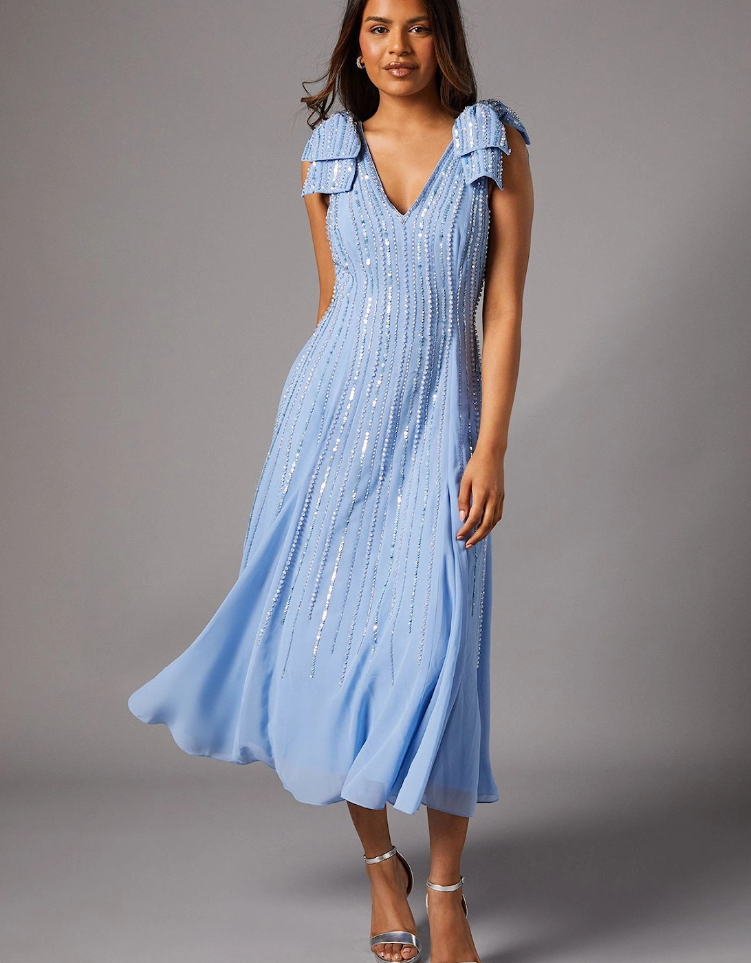 Petite Bow Shoulder Embellished Midi Dress, 2 of 1